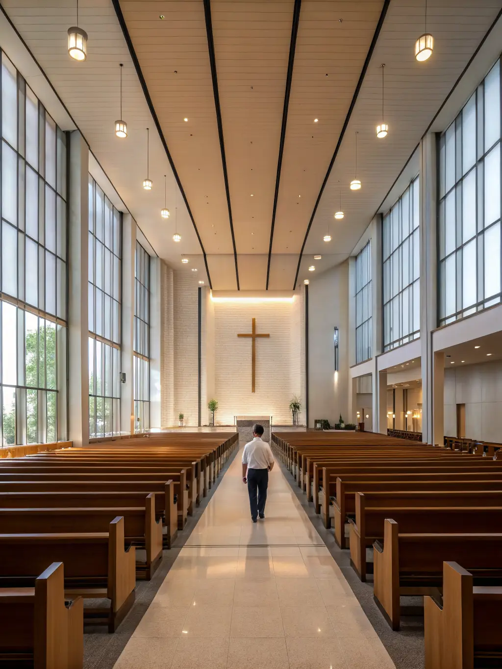 A modern, minimalist church interior with clean lines and ample natural light, creating a serene and contemplative atmosphere, reflecting the church's commitment to thoughtful faith.