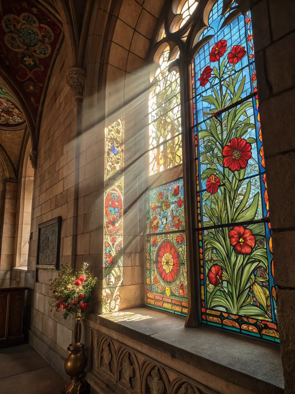 A stained glass window depicting a scene from the Bible, bathed in soft, warm light, symbolizing the timeless wisdom of scripture.